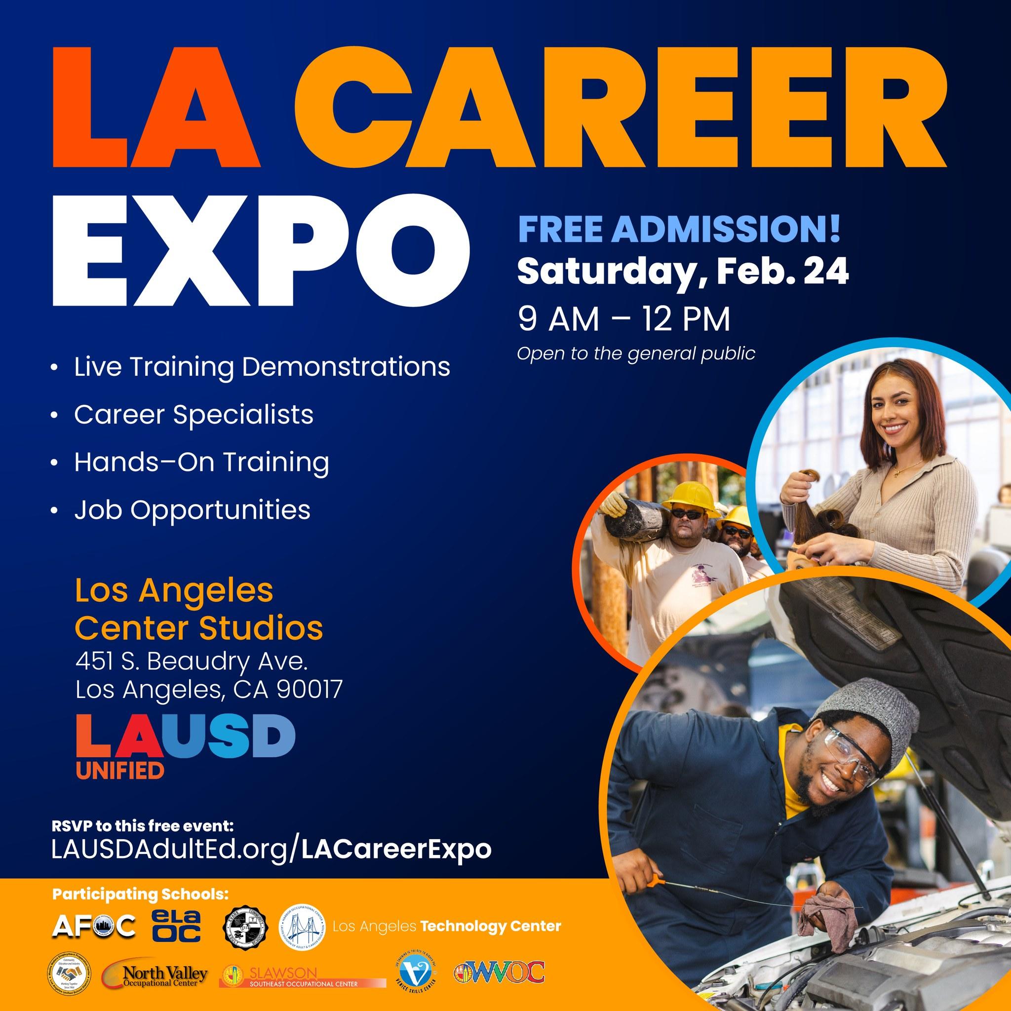 flier for LA Career Expo with same text as described in the announcement with pictures of 3 different jobs/careers: hairstylist, electrical line worker & auto mechanic